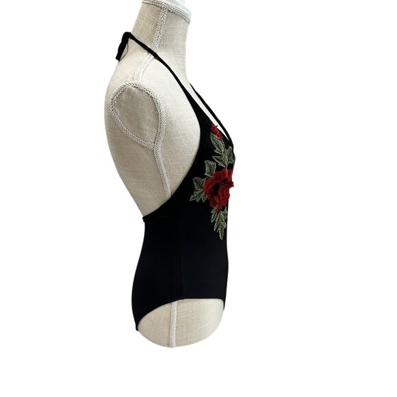 Forever 21 Black Floral Embroidered Halter Bodysuit Womens S - Picture 2 of 6